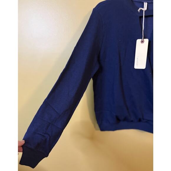 Revolve Lanston Navy Long Sleeve Faux Wrap Cotton Blend Sweater Size Small NWT - Picture 4 of 6